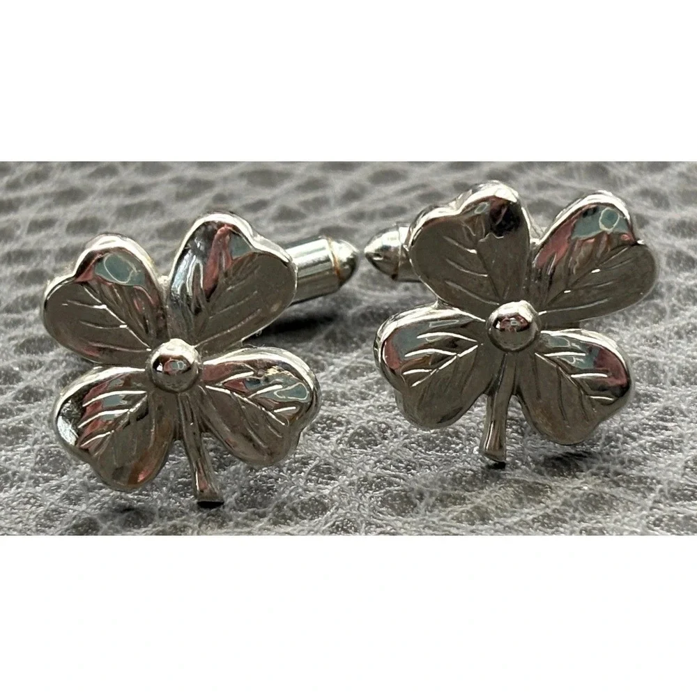 Vintage Shamrock Clover Silver Tone Cufflinks Men's Formal Wear